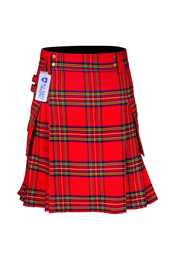 Scottish Men's Modern Royal Stewart 16oz Tartan Pockets Utility Kilt, Cargo Kilt All Safe International