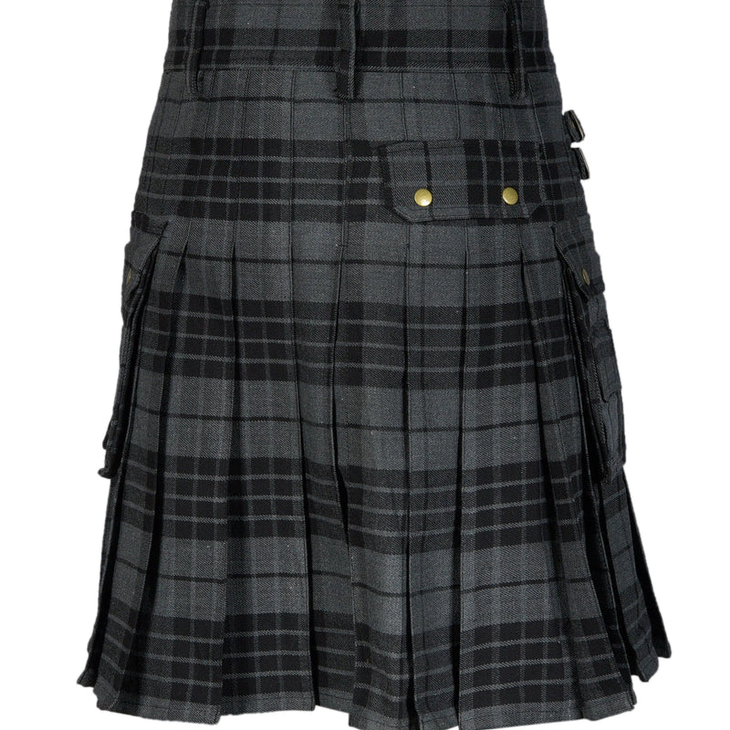 Scottish Men's Modern Grey Watch 16oz Tartan Pockets Utility Kilt, Cargo Kilt All Safe International