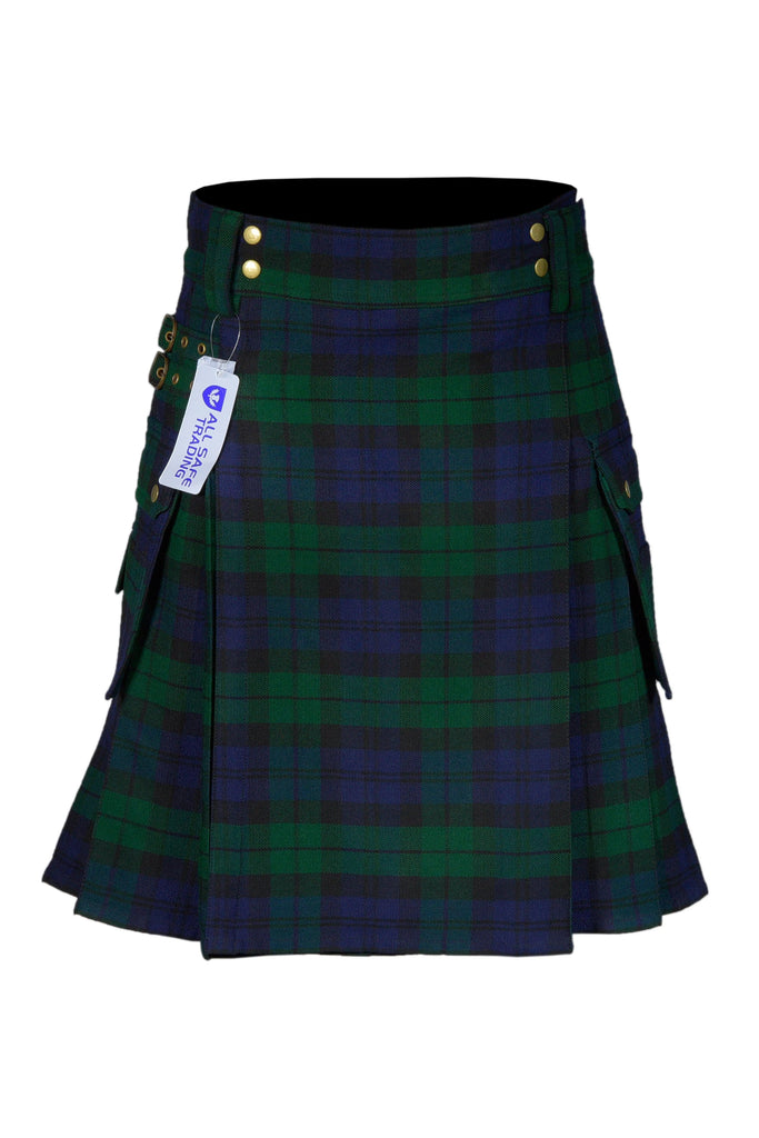 Scottish Men's Modern Black Watch 16oz Tartan Pockets Utility Kilt, Cargo Kilt All Safe International