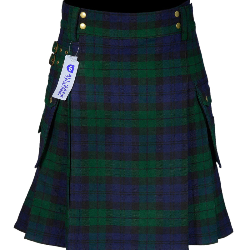 Scottish Men's Modern Black Watch 16oz Tartan Pockets Utility Kilt, Cargo Kilt All Safe International