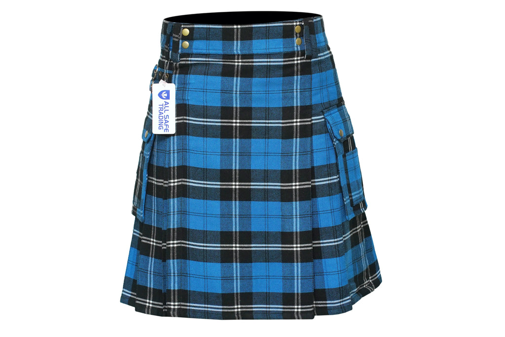 Scottish Men's Modern Blue Ramsay 16oz Tartan Pockets Utility Kilt, Cargo Kilt All Safe International