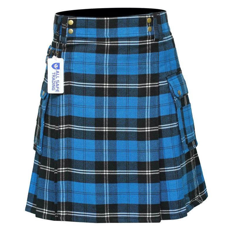 Scottish Men's Modern Blue Ramsay 16oz Tartan Pockets Utility Kilt, Cargo Kilt All Safe International