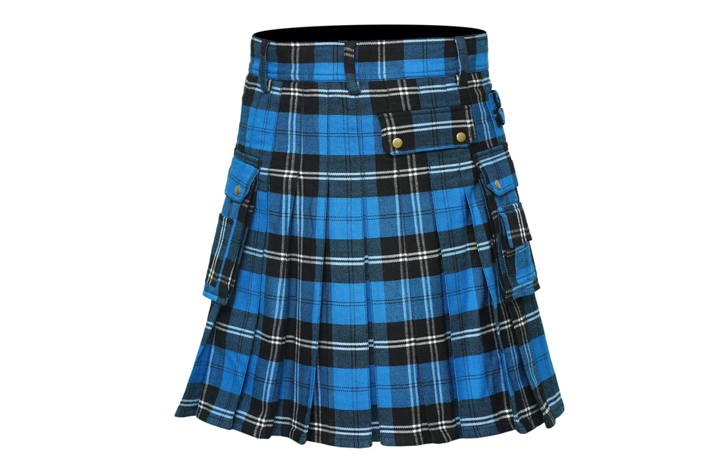 Scottish Men's Modern Blue Ramsay 16oz Tartan Pockets Utility Kilt, Cargo Kilt All Safe International