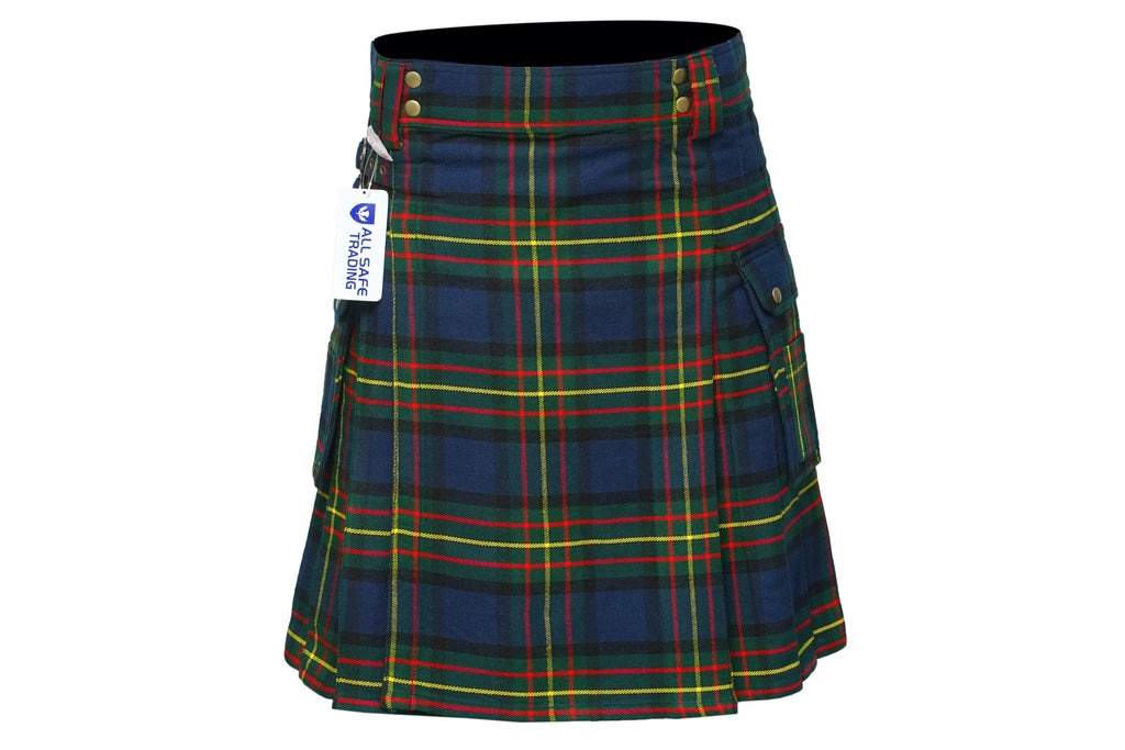 Scottish Men's Modern Maclaren 16oz Tartan Pockets Utility Kilt, Cargo Kilt All Safe International