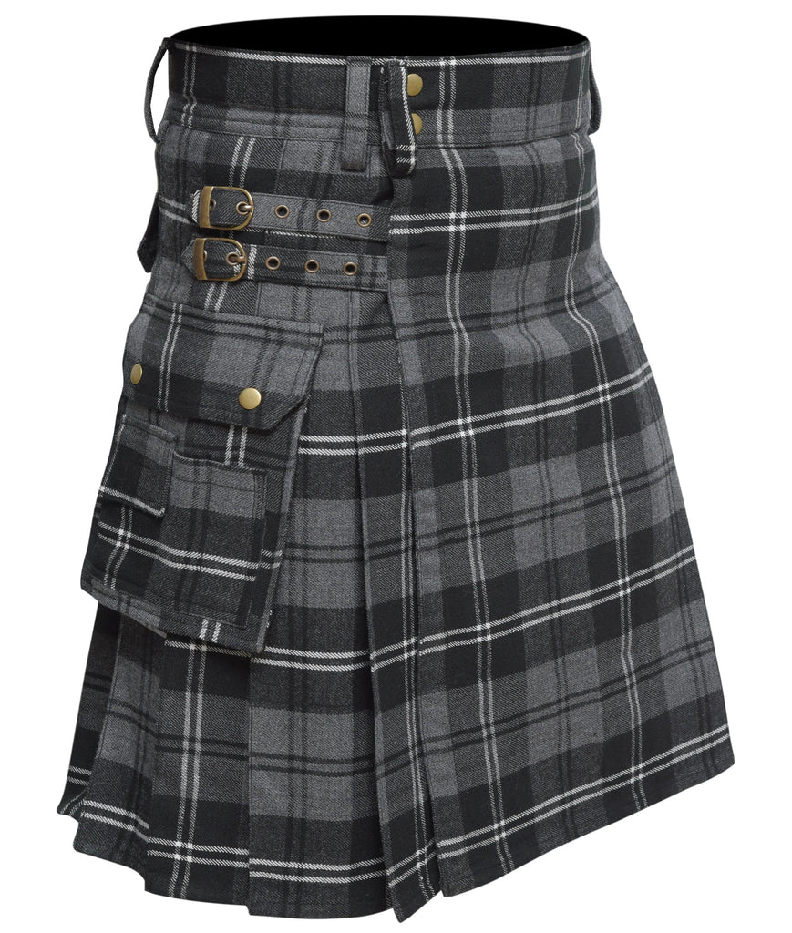 Scottish Men's Modern Granite 16oz Tartan Pockets Utility Kilt, Cargo Kilt All Safe International