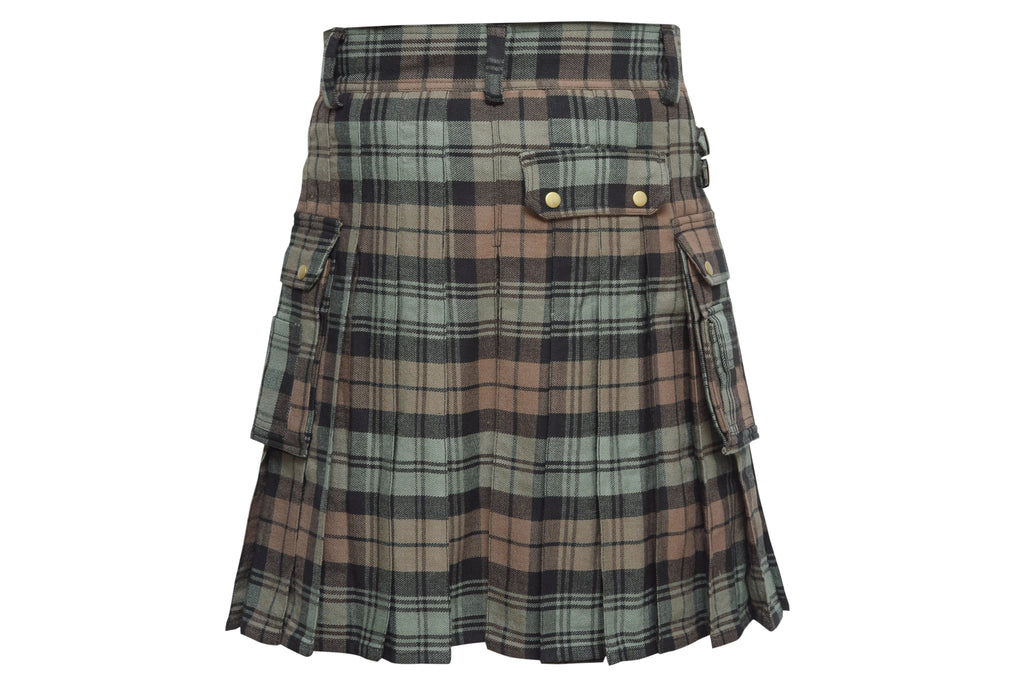 Scottish Men's Modern Black Watch Weathered 16oz Tartan Pockets Utility Kilt, Cargo Kilt All Safe International