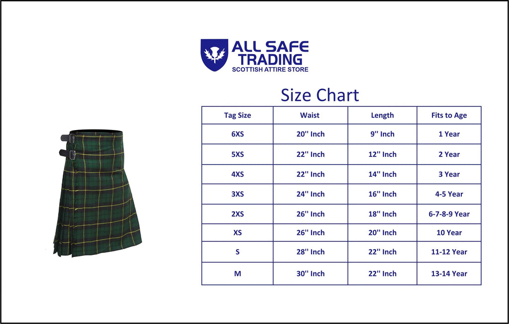 Scottish Traditional Tartan Kilt for Kids, Boys and Girls Toddler Kilts with Ease of Size - Black Watch Tartan All Safe International