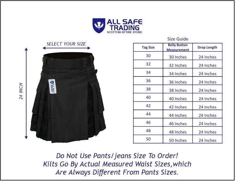 Men's Black watch Tartan Hybrid Kilt with Cargo Pockets, Utility Kilt All Safe International