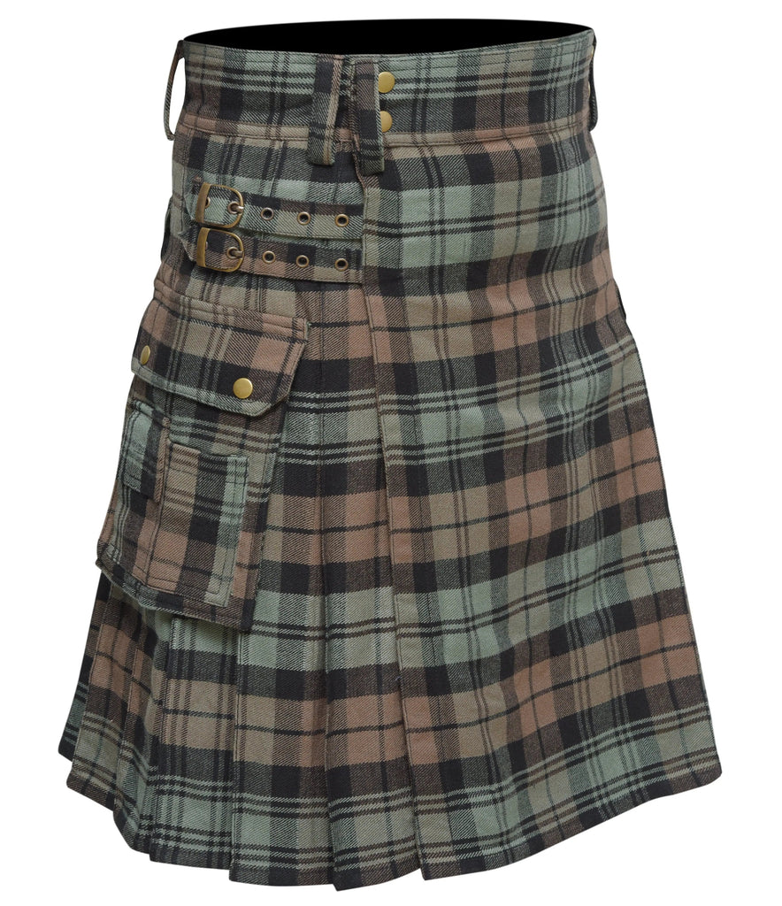 Scottish Men's Modern Black Watch Weathered 16oz Tartan Pockets Utility Kilt, Cargo Kilt All Safe International