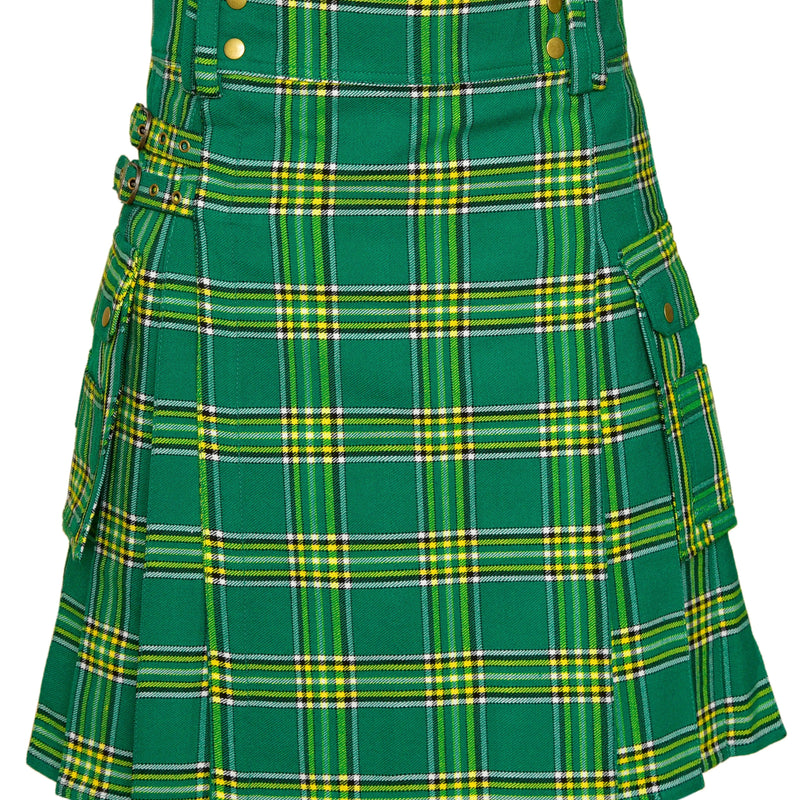 Scottish Men's Modern Irish Heritage 16oz Tartan Pockets Utility Kilt, Cargo Kilt All Safe International