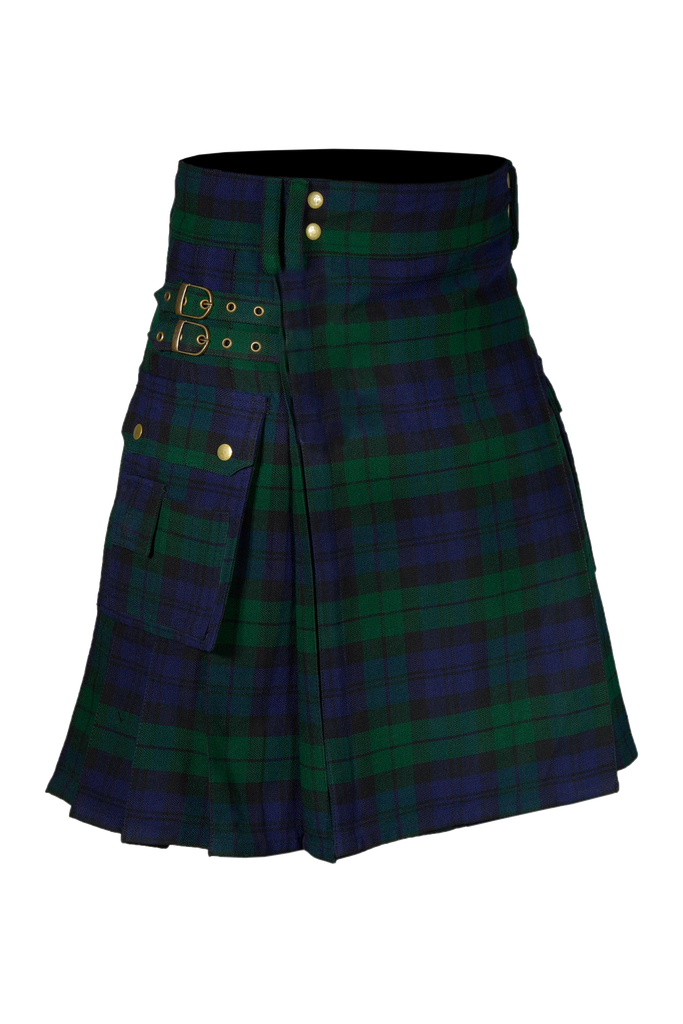 Scottish Men's Modern Black Watch 16oz Tartan Pockets Utility Kilt, Cargo Kilt All Safe International