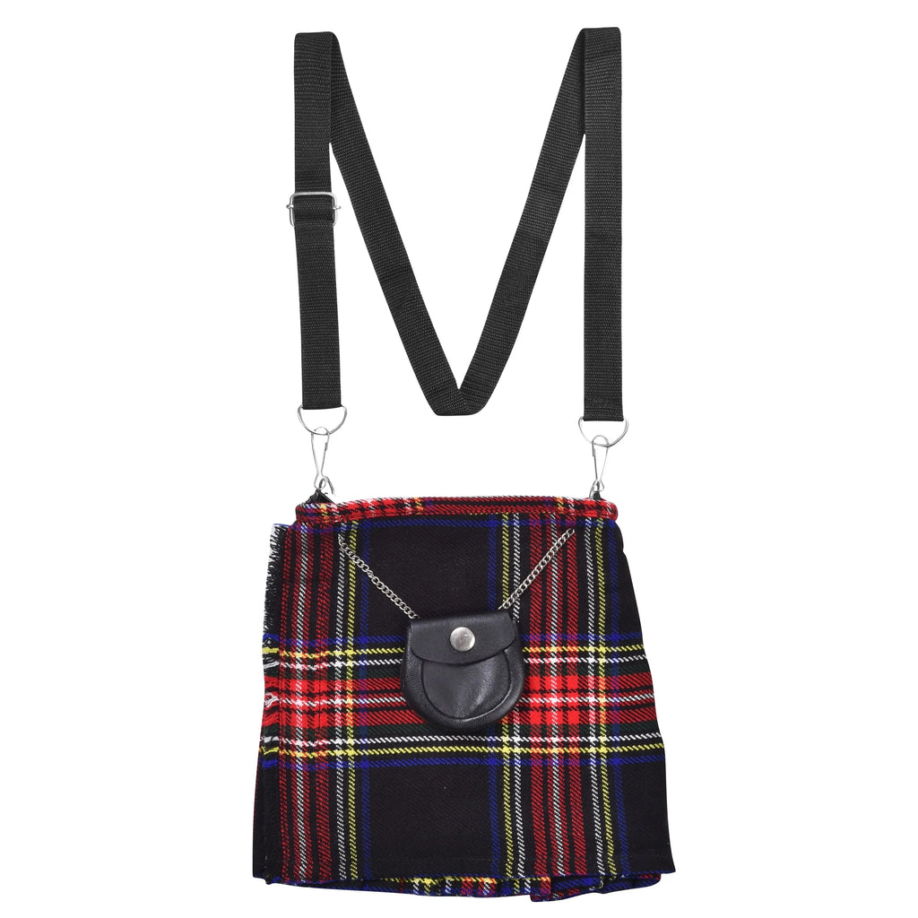 Traditional Scottish Women Tartan Bag Pleated Crossbody Purse - Adjustable Straps, Zip Closure Black Stewart Tartan All Safe International
