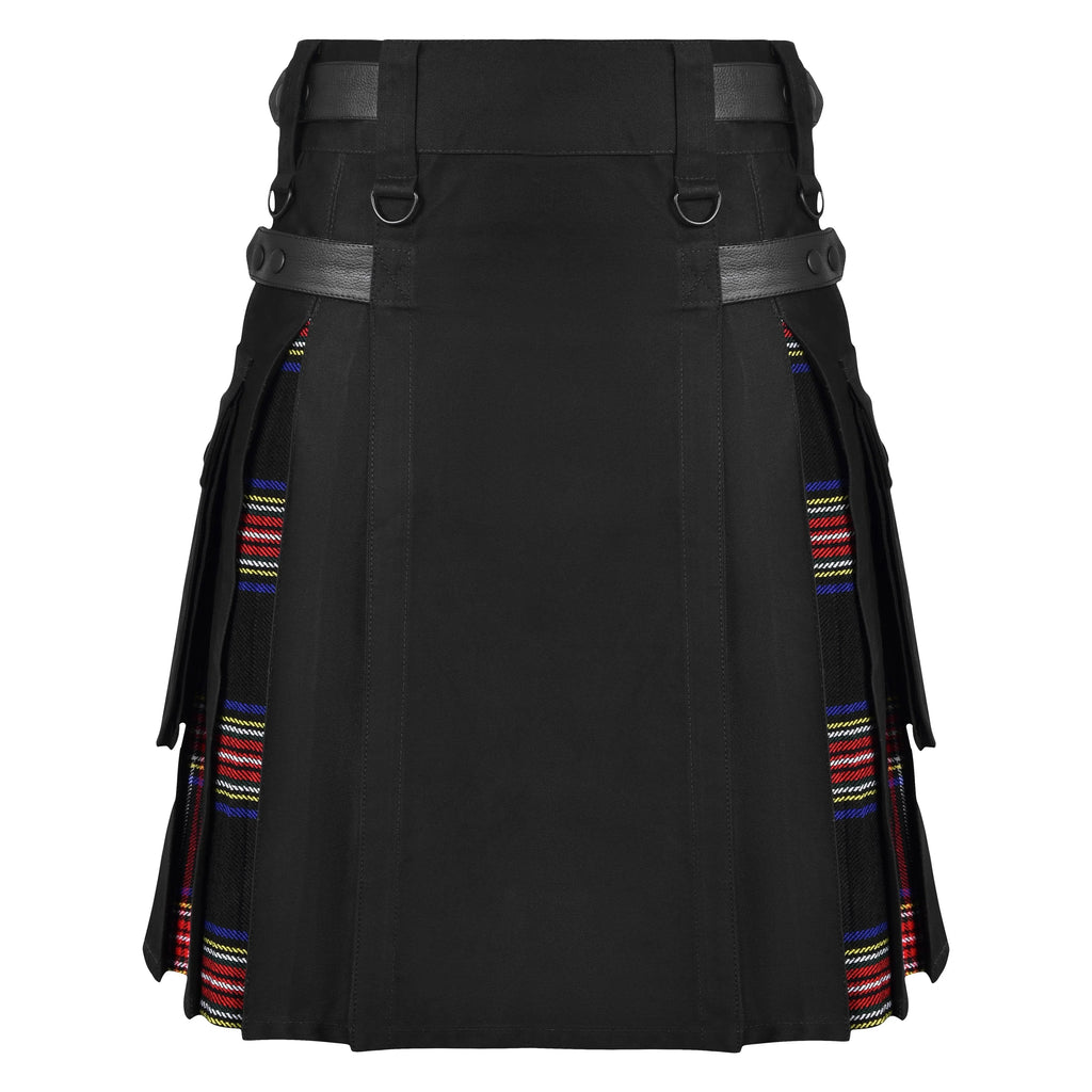 Men's Black Stewart Tartan Hybrid Kilt with Cargo Pockets, Utility Kilt All Safe International