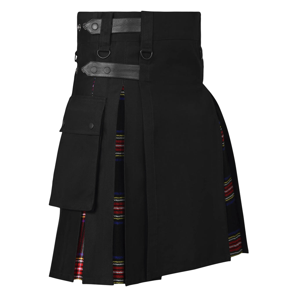 Men's Black Stewart Tartan Hybrid Kilt with Cargo Pockets, Utility Kilt All Safe International