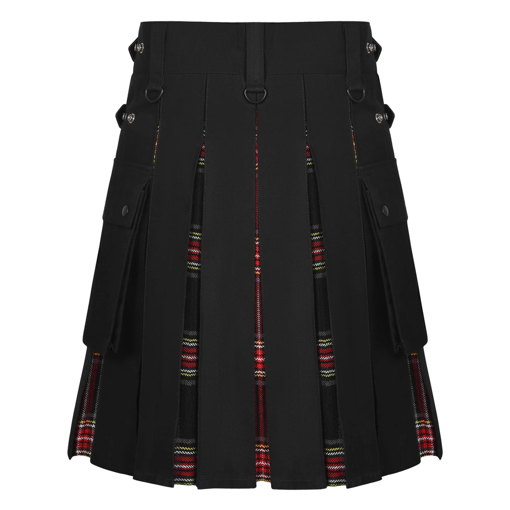 Men's Black Stewart Tartan Hybrid Kilt with Cargo Pockets, Utility Kilt All Safe International