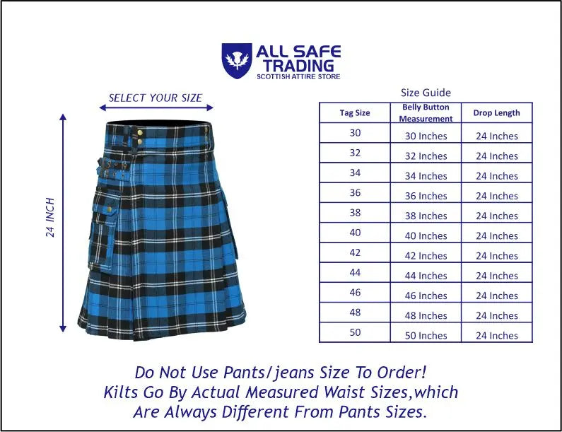 Scottish Men's Modern Blue Ramsay 16oz Tartan Pockets Utility Kilt, Cargo Kilt All Safe International