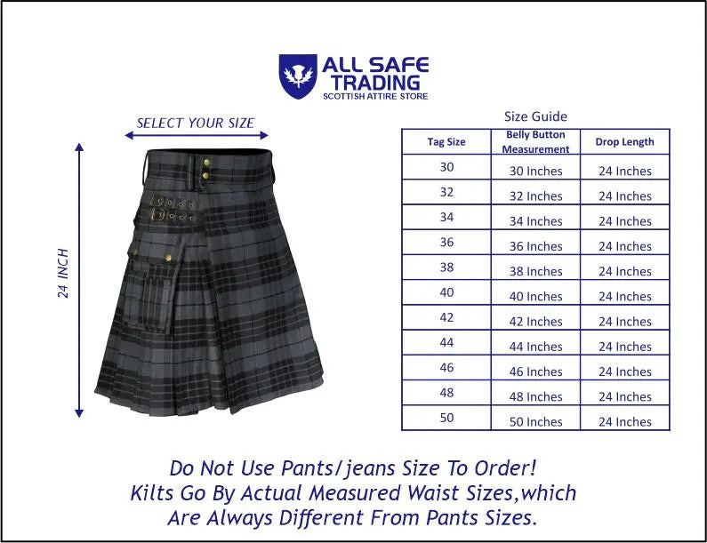 Scottish Men's Modern Grey Watch 16oz Tartan Pockets Utility Kilt, Cargo Kilt All Safe International