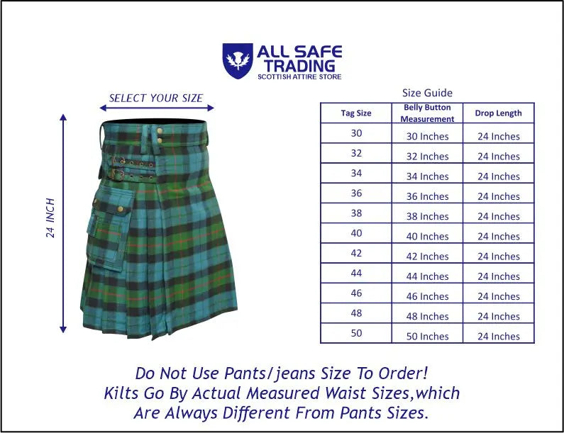 Scottish Men's Modern Gunn Ancient 16oz Tartan Pockets Utility Kilt, Cargo Kilt All Safe International