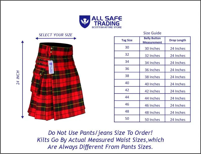 Scottish Men's Modern Wallace 16oz Tartan Pockets Utility Kilt, Cargo Kilt All Safe International