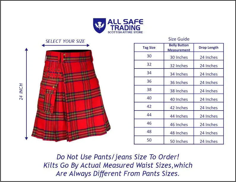 Scottish Men's Modern Royal Stewart 16oz Tartan Pockets Utility Kilt, Cargo Kilt All Safe International