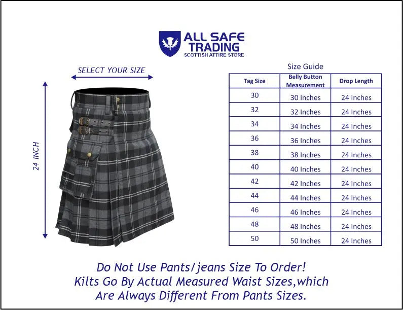 Scottish Men's Modern Granite 16oz Tartan Pockets Utility Kilt, Cargo Kilt All Safe International