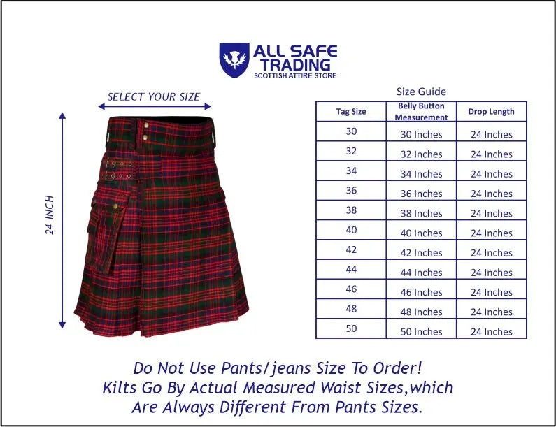 Scottish Men's Modern Macdonald 16oz Tartan Pockets Utility Kilt, Cargo Kilt All Safe International