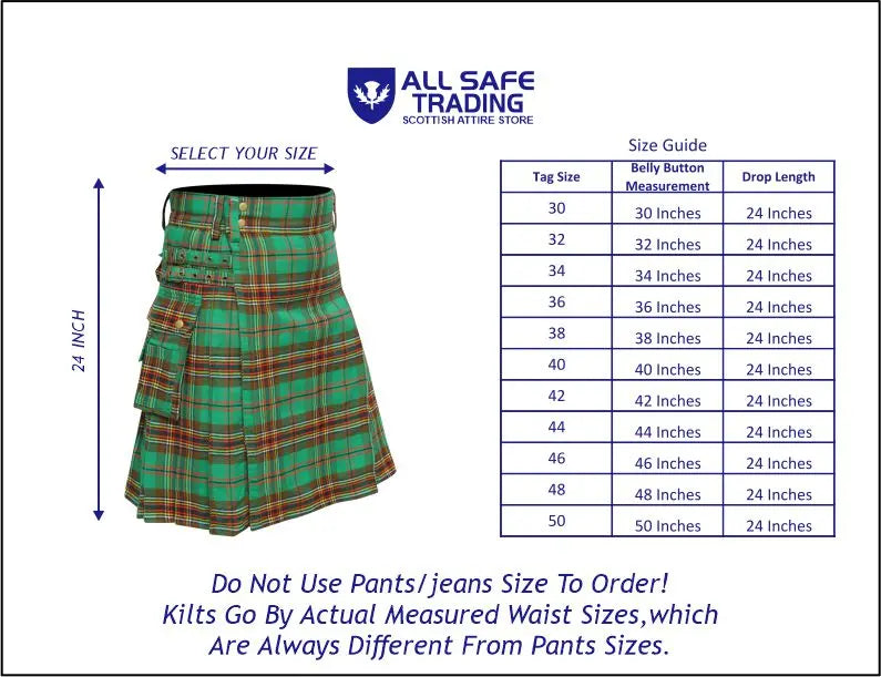 Scottish Men's Modern Tara Murphy 16oz Tartan Pockets Utility Kilt, Cargo Kilt All Safe International