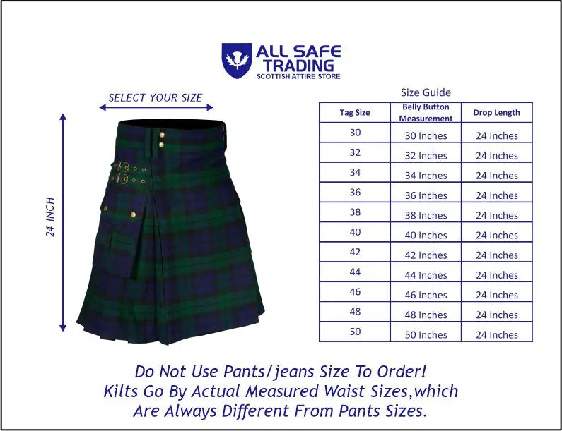 Scottish Men's Modern Black Watch 16oz Tartan Pockets Utility Kilt, Cargo Kilt All Safe International