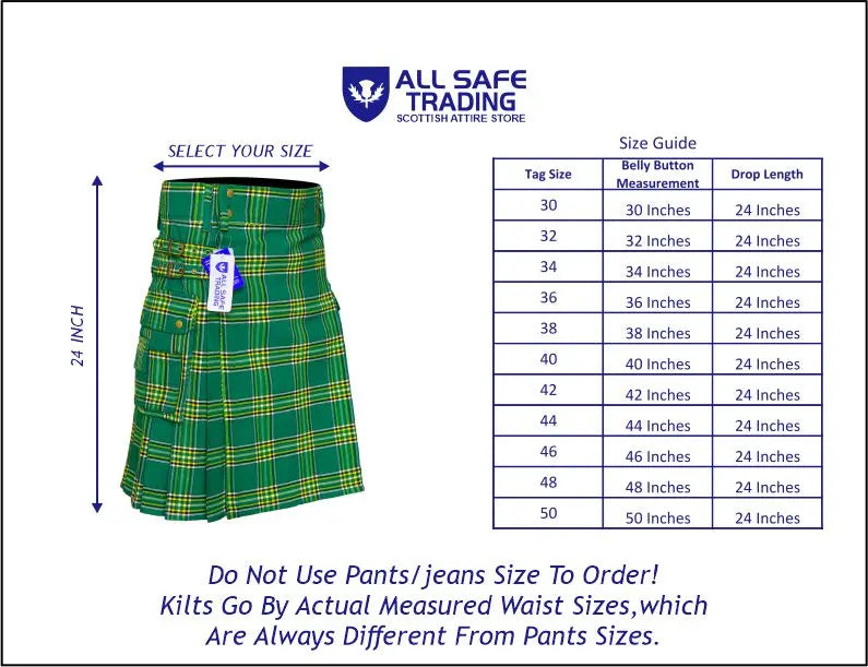Scottish Men's Modern Irish Heritage 16oz Tartan Pockets Utility Kilt, Cargo Kilt All Safe International