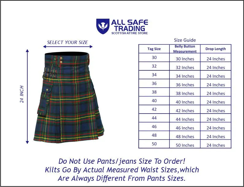 Scottish Men's Modern Maclaren 16oz Tartan Pockets Utility Kilt, Cargo Kilt All Safe International