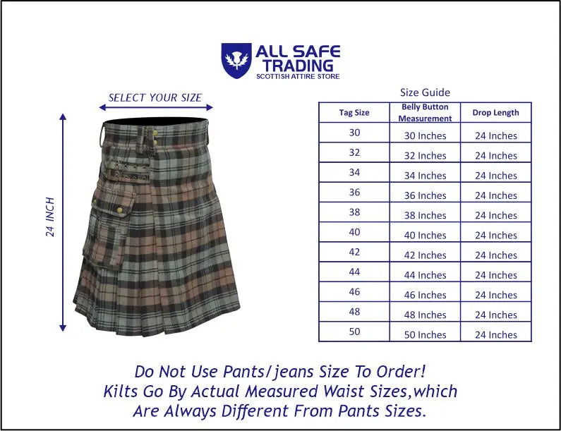 Scottish Men's Modern Black Watch Weathered 16oz Tartan Pockets Utility Kilt, Cargo Kilt All Safe International