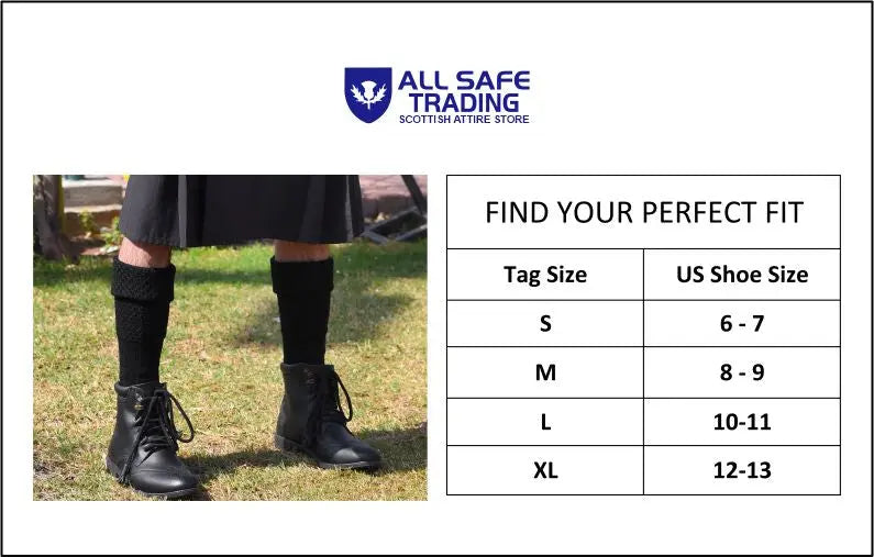 Scottish Bubbles Kilt Hose for Men, Ribbed Socks for USA Shoe Sizes - Black All Safe International