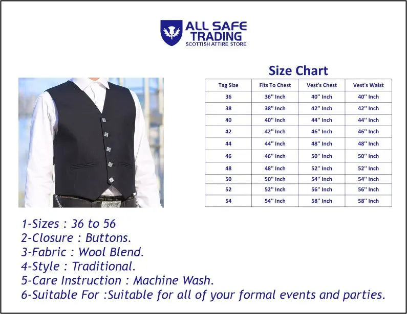 Scottish Formal 5 Buttons Kilt Waistcoat/Vest All Safe International