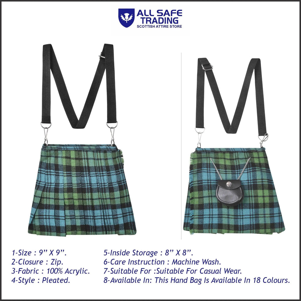 Traditional Scottish Women Tartan Bag Pleated Crossbody Purse - Adjustable Straps, Zip Closure Campbell Ancient Tartan All Safe International