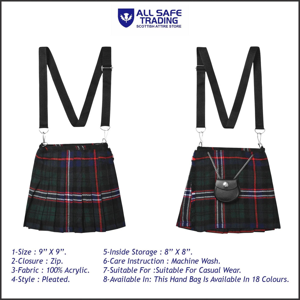 Traditional Scottish Women Tartan Bag Pleated Crossbody Purse - Adjustable Straps, Zip Closure Scottish National Tartan All Safe International