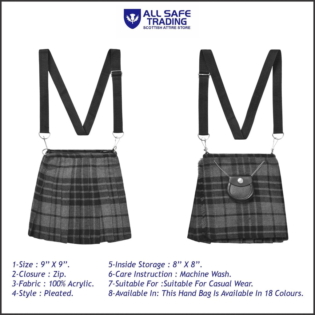 Traditional Scottish Women Tartan Bag Pleated Crossbody Purse - Adjustable Straps, Zip Closure Grey Tartan All Safe International
