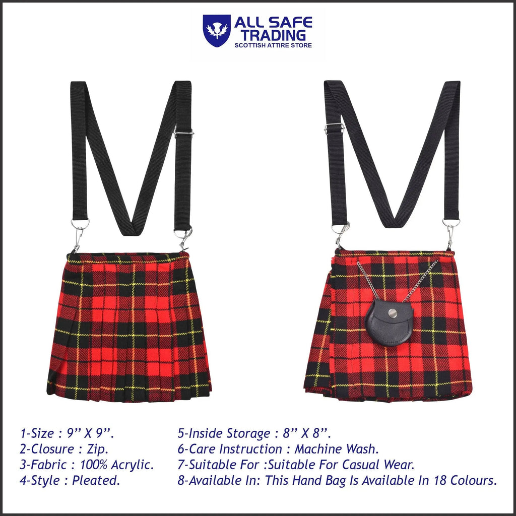 Traditional Scottish Women Tartan Bag Pleated Crossbody Purse - Adjustable Straps, Zip Closure Wallace Tartan All Safe International