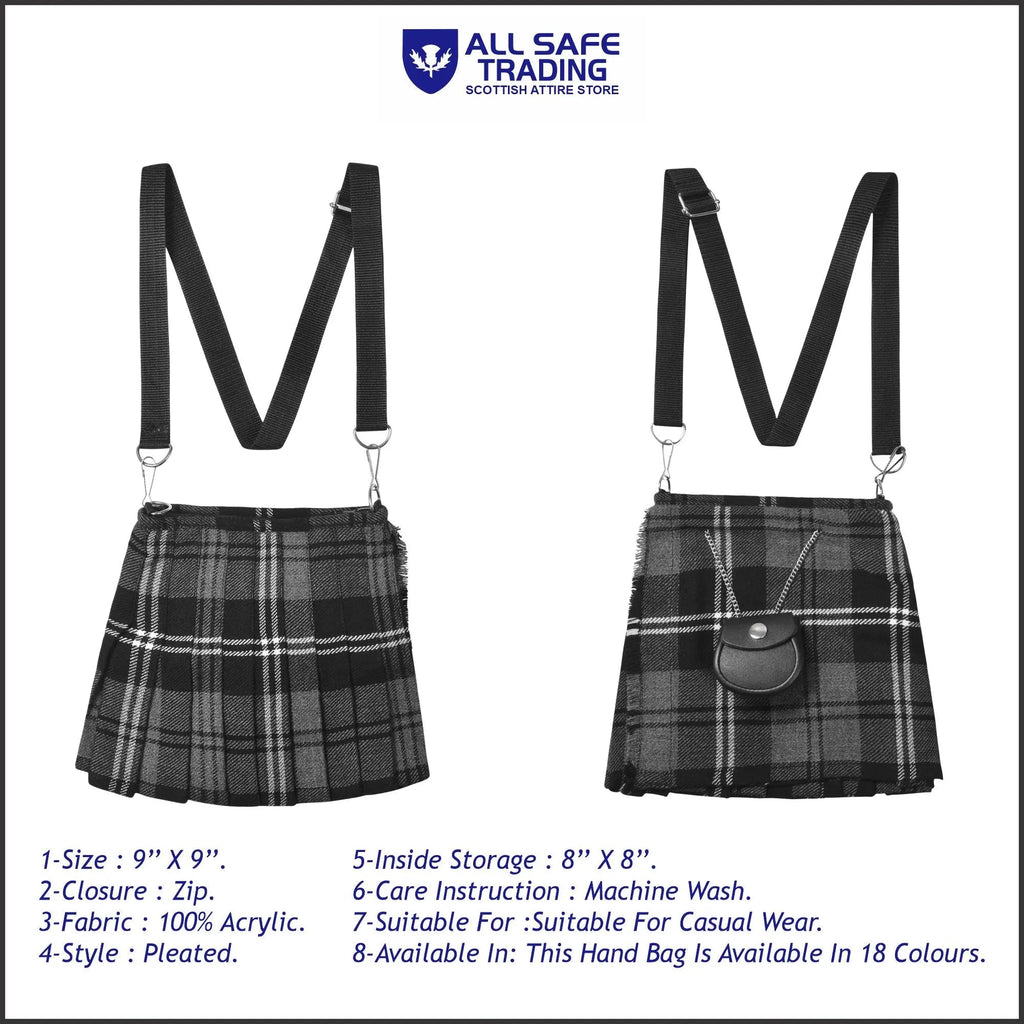 Traditional Scottish Women Tartan Bag Pleated Crossbody Purse - Adjustable Straps, Zip Closure Granite Tartan All Safe International