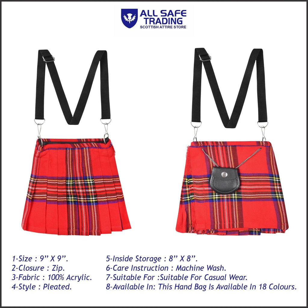 Traditional Scottish Women Tartan Bag Pleated Crossbody Purse - Adjustable Straps, Zip Closure Royal Stewart Tartan All Safe International