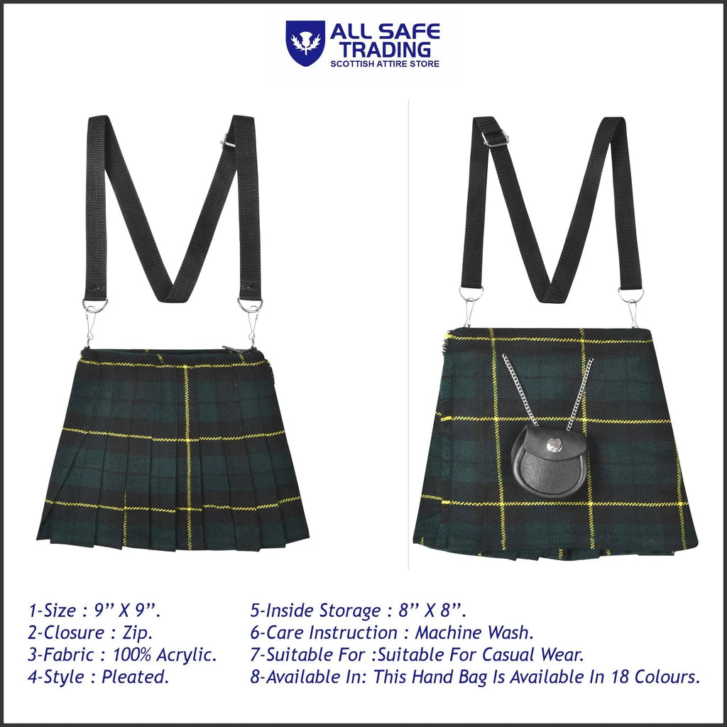 Traditional Scottish Women Tartan Bag Pleated Crossbody Purse - Adjustable Straps, Zip Closure Wallace Hunting Tartan All Safe International
