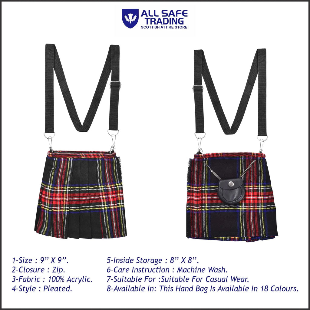 Traditional Scottish Women Tartan Bag Pleated Crossbody Purse - Adjustable Straps, Zip Closure Black Stewart Tartan All Safe International