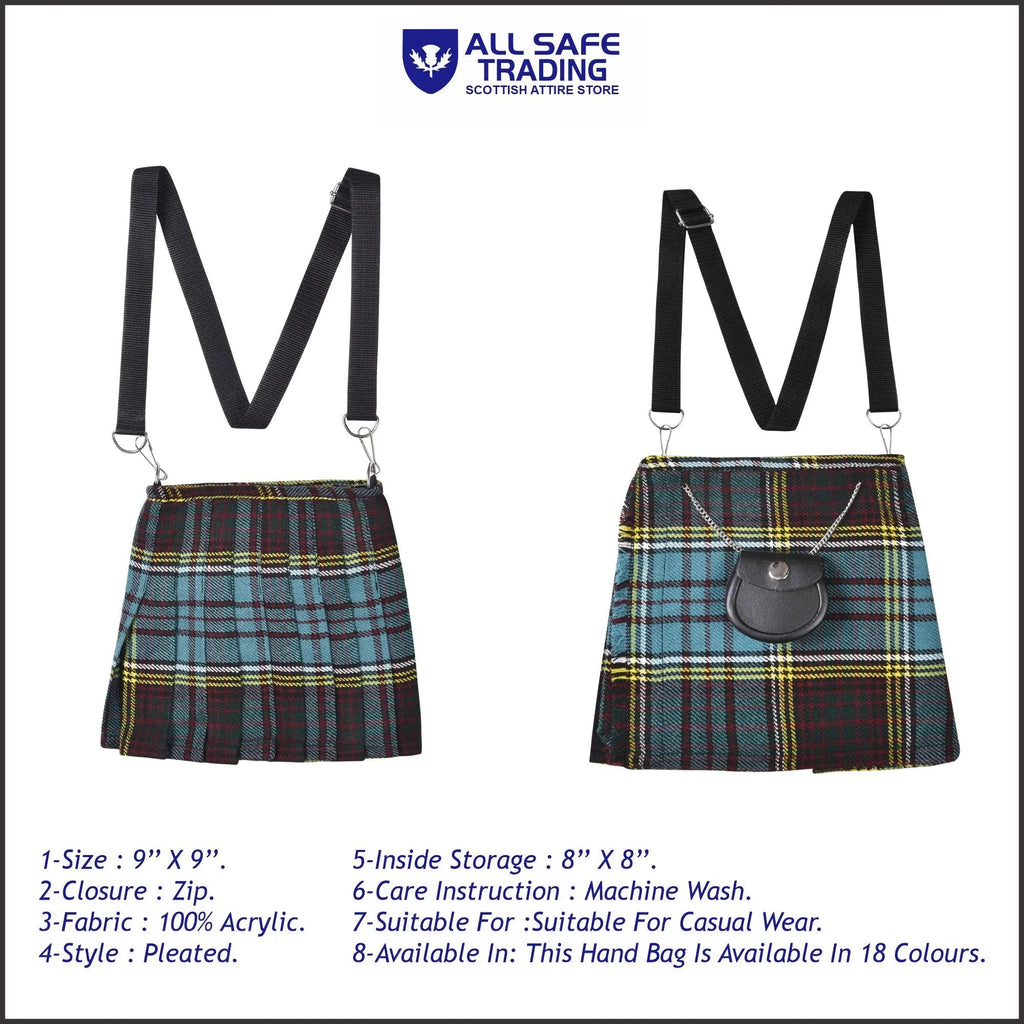 Traditional Scottish Women Tartan Bag Pleated Crossbody Purse - Adjustable Straps, Zip Closure Anderson Tartan All Safe International