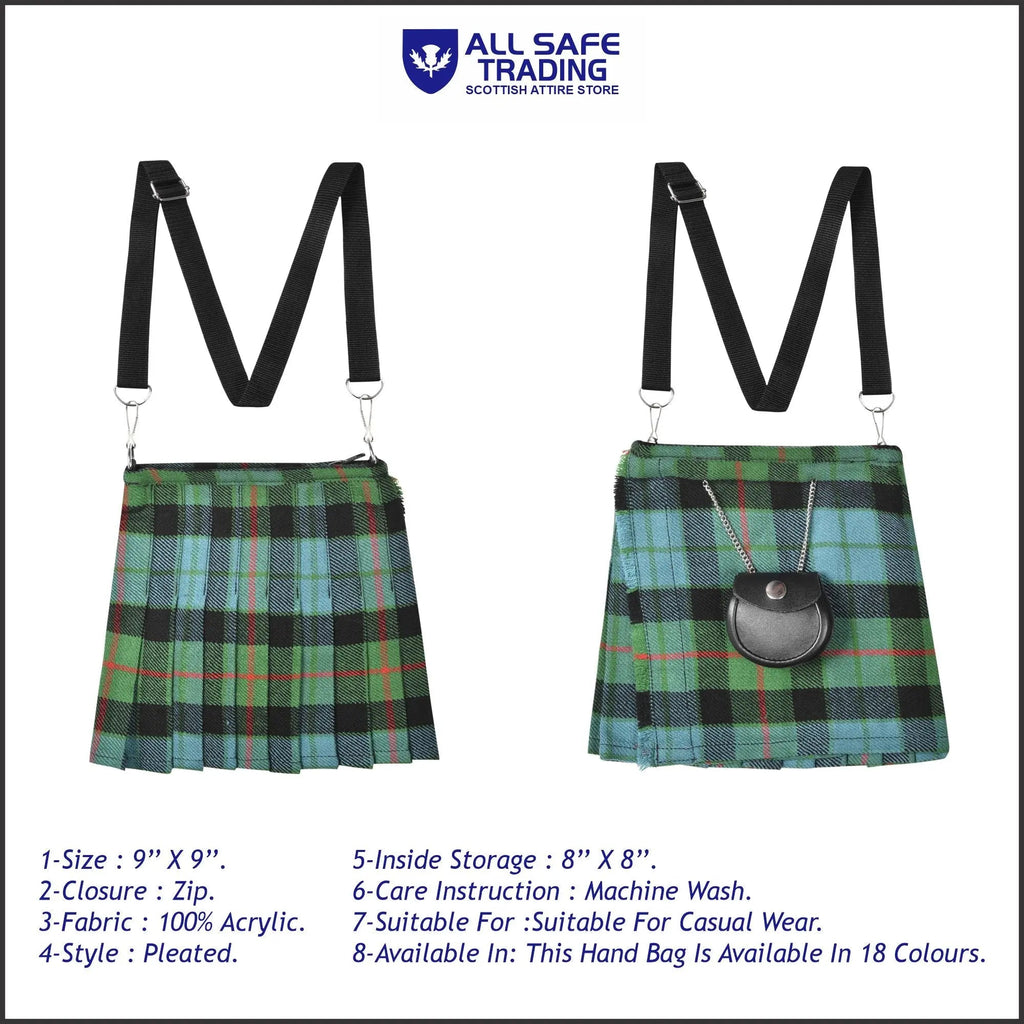 Traditional Scottish Women Tartan Bag Pleated Crossbody Purse - Adjustable Straps, Zip Closure Gunn Ancient Tartan All Safe International