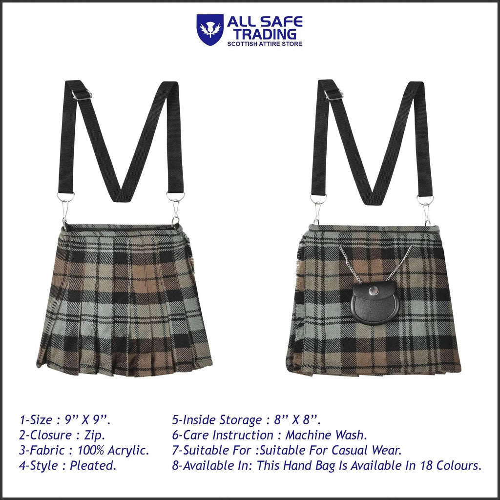 Traditional Scottish Women Tartan Bag Pleated Crossbody Purse - Adjustable Straps, Zip Closure Black Watch Weathered Tartan All Safe International