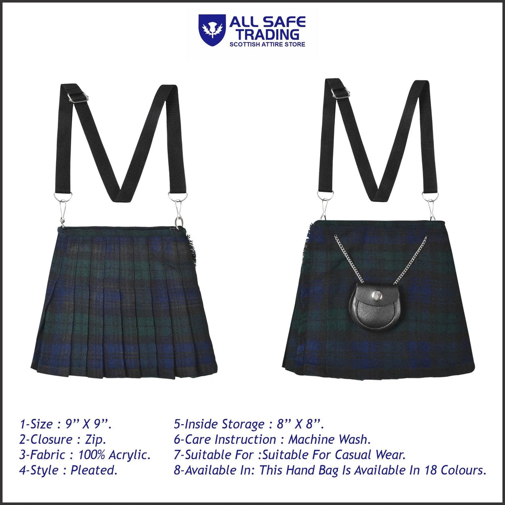 Traditional Scottish Women Tartan Bag Pleated Crossbody Purse - Adjustable Straps, Zip Closure Black Watch Tartan All Safe International