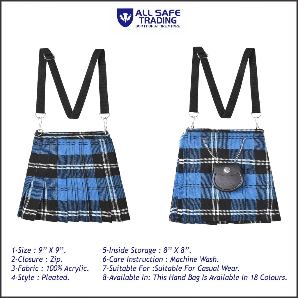 Traditional Scottish Women Tartan Bag Pleated Crossbody Purse - Adjustable Straps, Zip Closure Blue Ramsay Tartan All Safe International