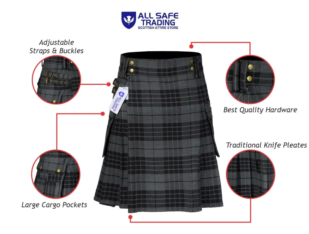 Scottish Men's Modern Grey Watch 16oz Tartan Pockets Utility Kilt, Cargo Kilt All Safe International