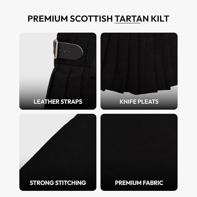 Black Scottish 5 Yard Kilt for Men – Traditional Plain Tartan Highland & Formal Wedding Wear