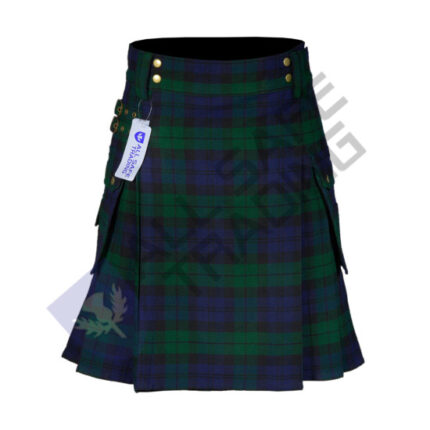 Scottish Men's Modern Black Watch 16oz Tartan Pockets Utility Kilt, Cargo Kilt