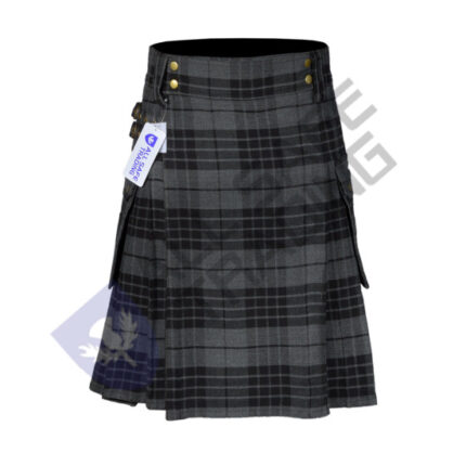 Scottish Men's Modern Grey Watch 16oz Tartan Pockets Utility Kilt, Cargo Kilt